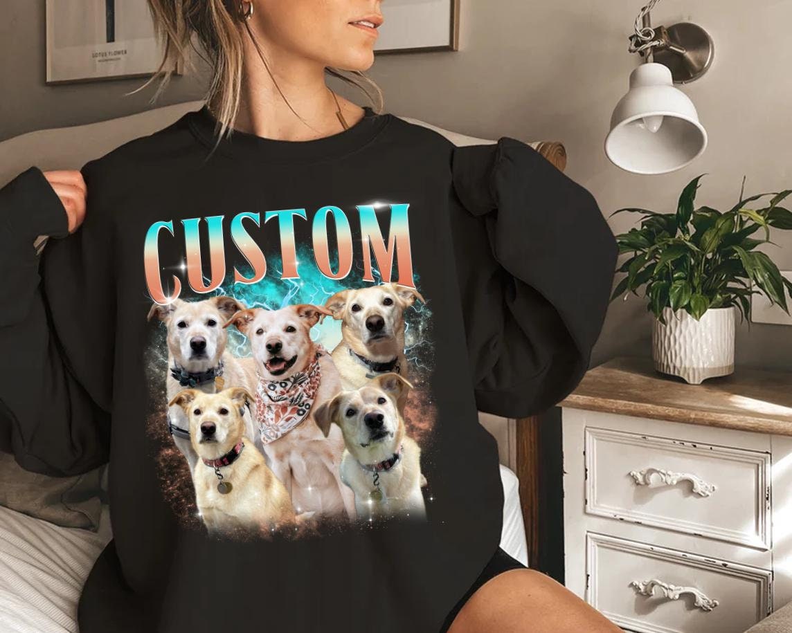 Custom Retro Dog Sweatshirt, Personalized Pet Shirt, Custom Photo Vintage 90s Graphic, Bootleg Rap Dog Shirt, Custom Shirt for Humans Dog