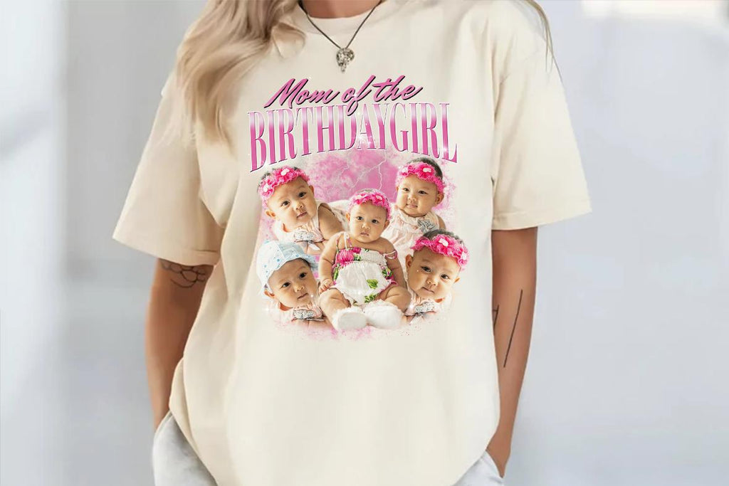 Mom Of The Birthday Girl Custom Shirt, Custom Birthday Photo Collage Shirt, Matching Family Personalized Bootleg Birthday Party