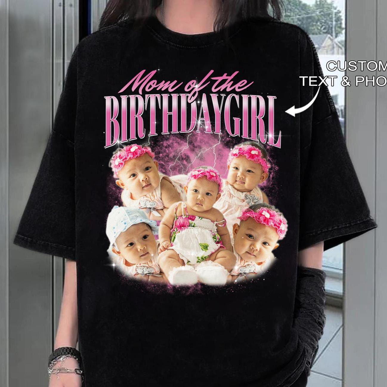 Mom Of The Birthday Girl Custom Shirt, Custom Birthday Photo Collage Shirt, Matching Family Personalized Bootleg Birthday Party