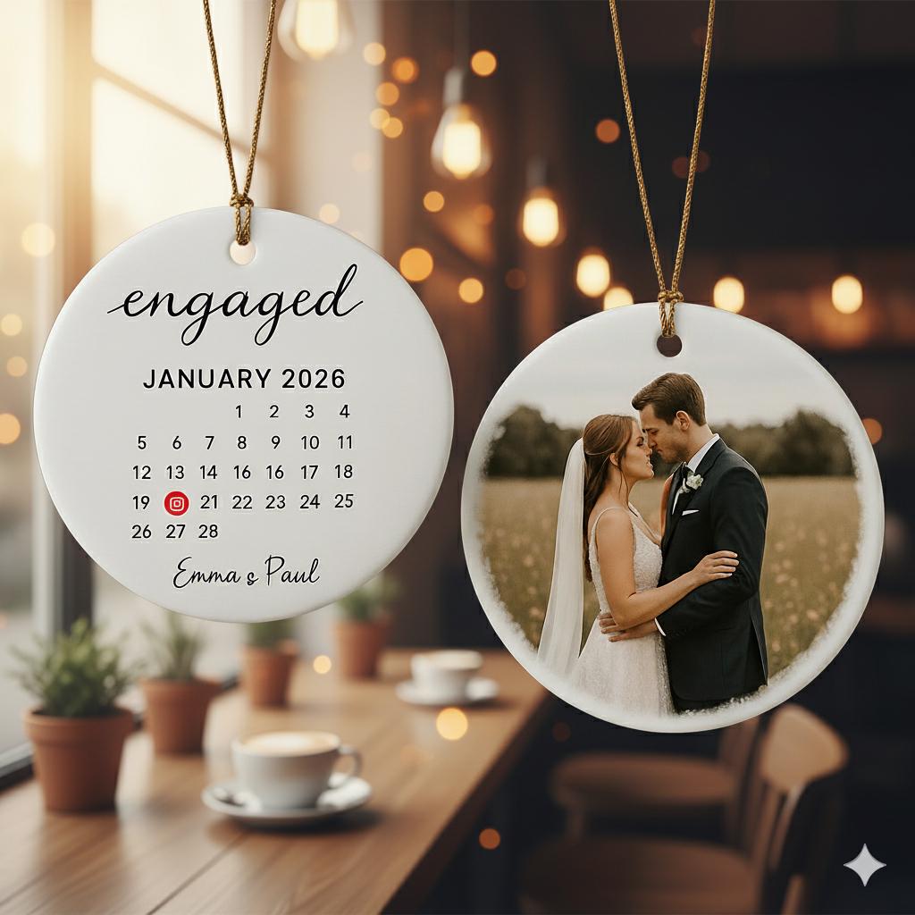 Personalized Wedding Engaged Calendar Ornament With Photo, Custom Engagement Ornament, Christmas Ornaments For Newly Couple