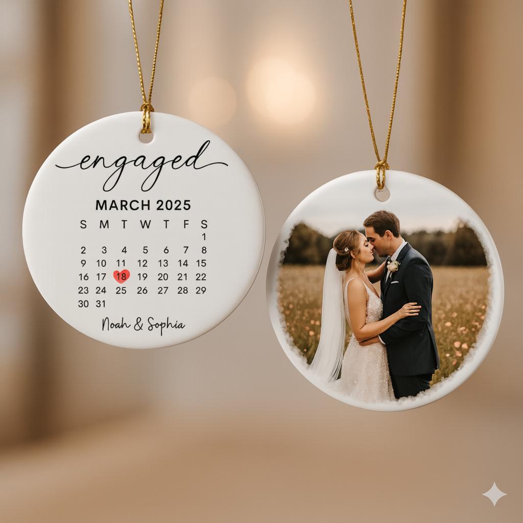 Personalized Wedding Engaged Calendar Ornament With Photo, Custom Engagement Ornament, Christmas Ornaments For Newly Couple