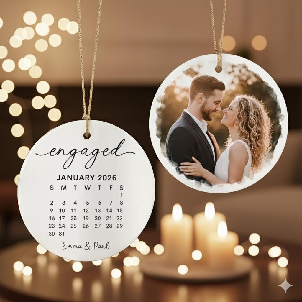 Personalized Wedding Engaged Calendar Ornament With Photo, Custom Engagement Ornament, Christmas Ornaments For Newly Couple
