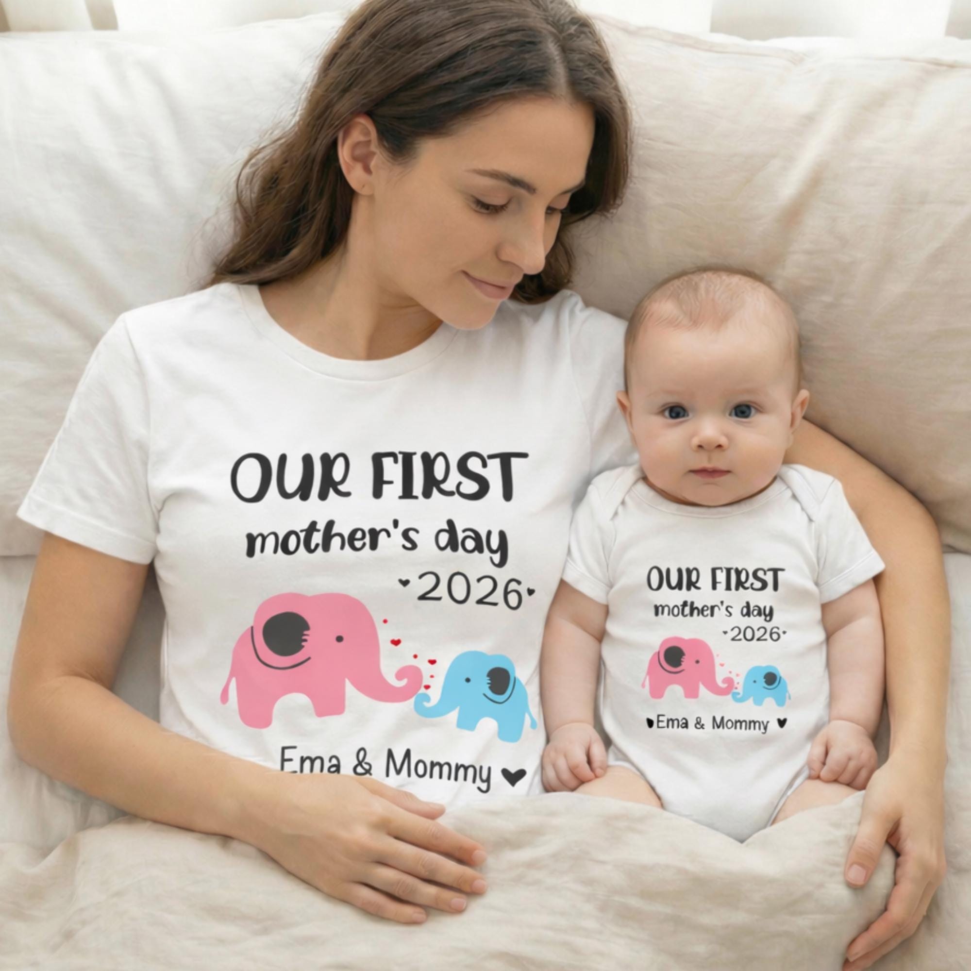 Custom Name Our First Mothers Day 2026 Shirt, Personalized First Mothers Day Gift, Mommy And Baby Matching Mom Shirt, New Mom Elephant Shirt