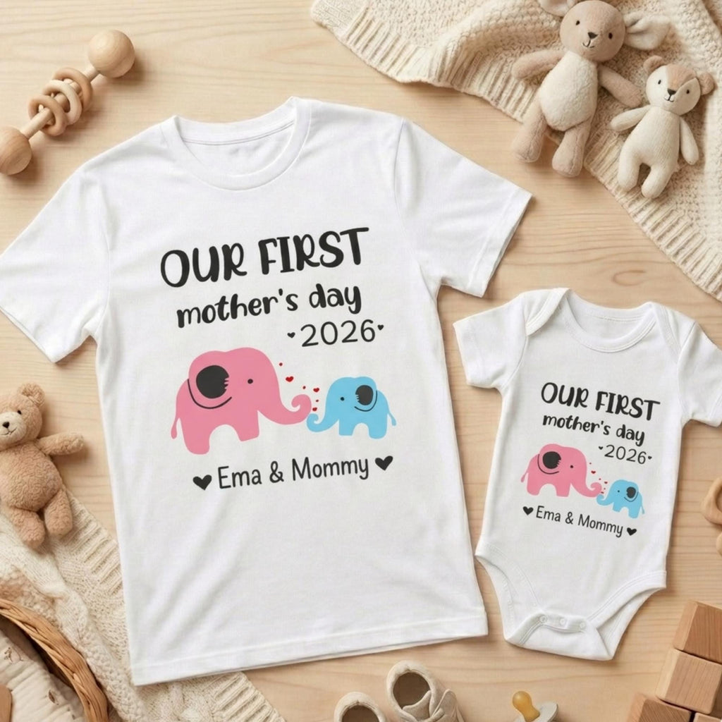 Custom Name Our First Mothers Day 2026 Shirt, Personalized First Mothers Day Gift, Mommy And Baby Matching Mom Shirt, New Mom Elephant Shirt