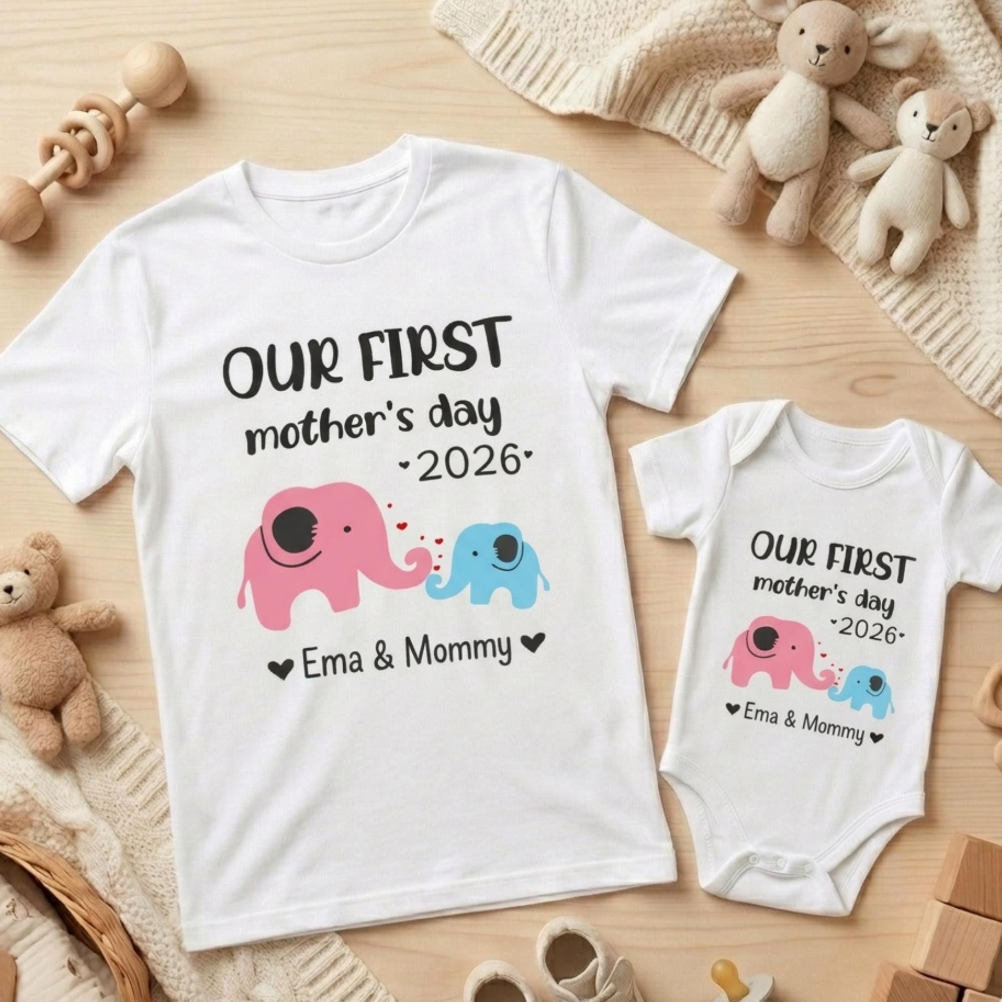 Custom Name Our First Mothers Day 2026 Shirt, Personalized First Mothers Day Gift, Mommy And Baby Matching Mom Shirt, New Mom Elephant Shirt