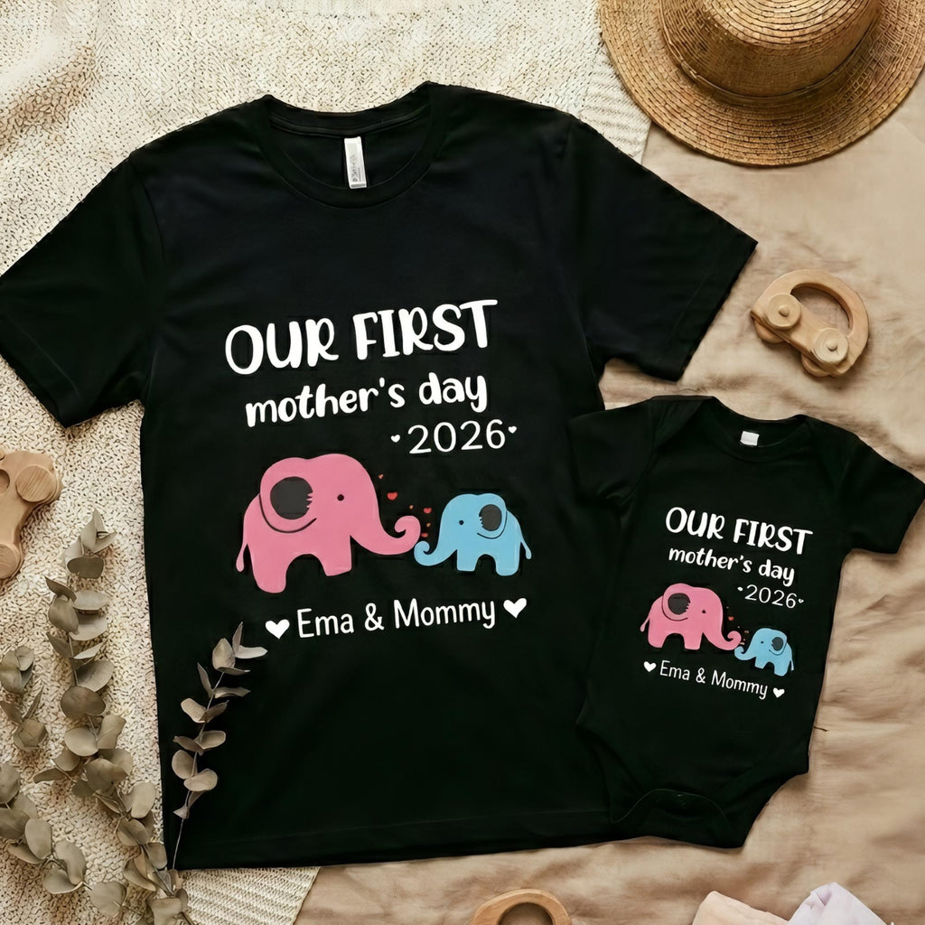 Custom Name Our First Mothers Day 2026 Shirt, Personalized First Mothers Day Gift, Mommy And Baby Matching Mom Shirt, New Mom Elephant Shirt