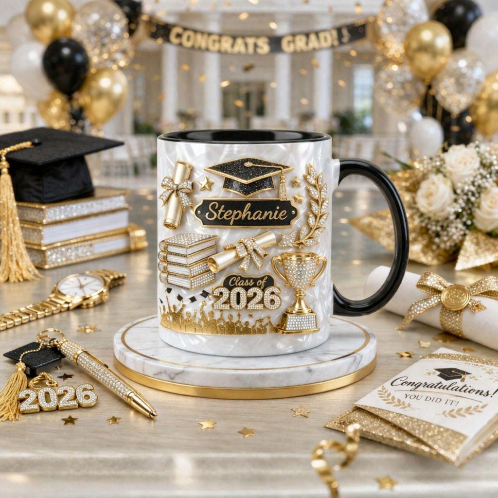 Custom Name Graduation 3D Effect Coffee Mug, Grads Gift For Daughter From Mom Dad, Class Of 2026, Graduation Mug Gift For Her