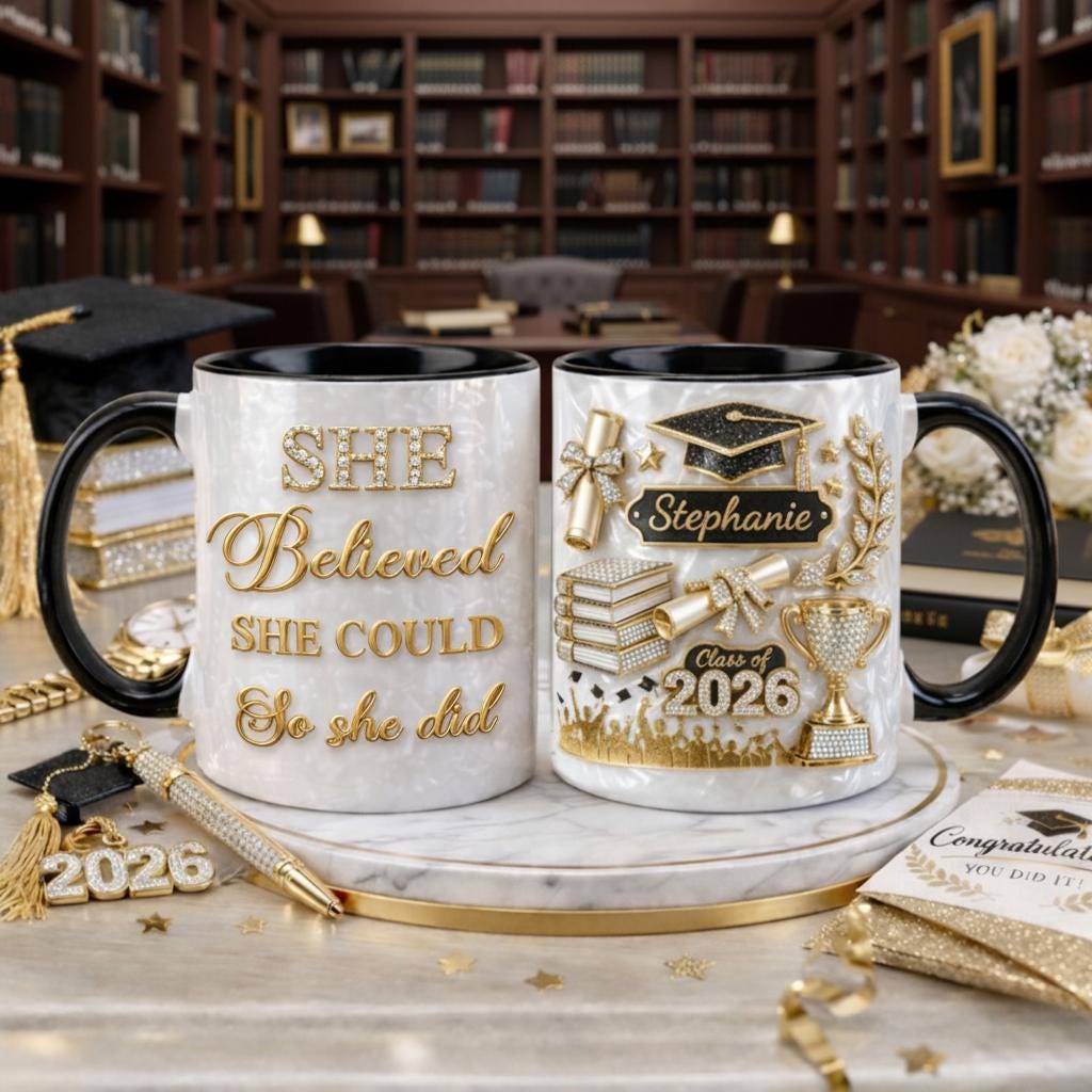 Custom Name Graduation 3D Effect Coffee Mug, She Believed She Could So She Did, Grads Gift For Her, Class of 2026, College Graduation Cup