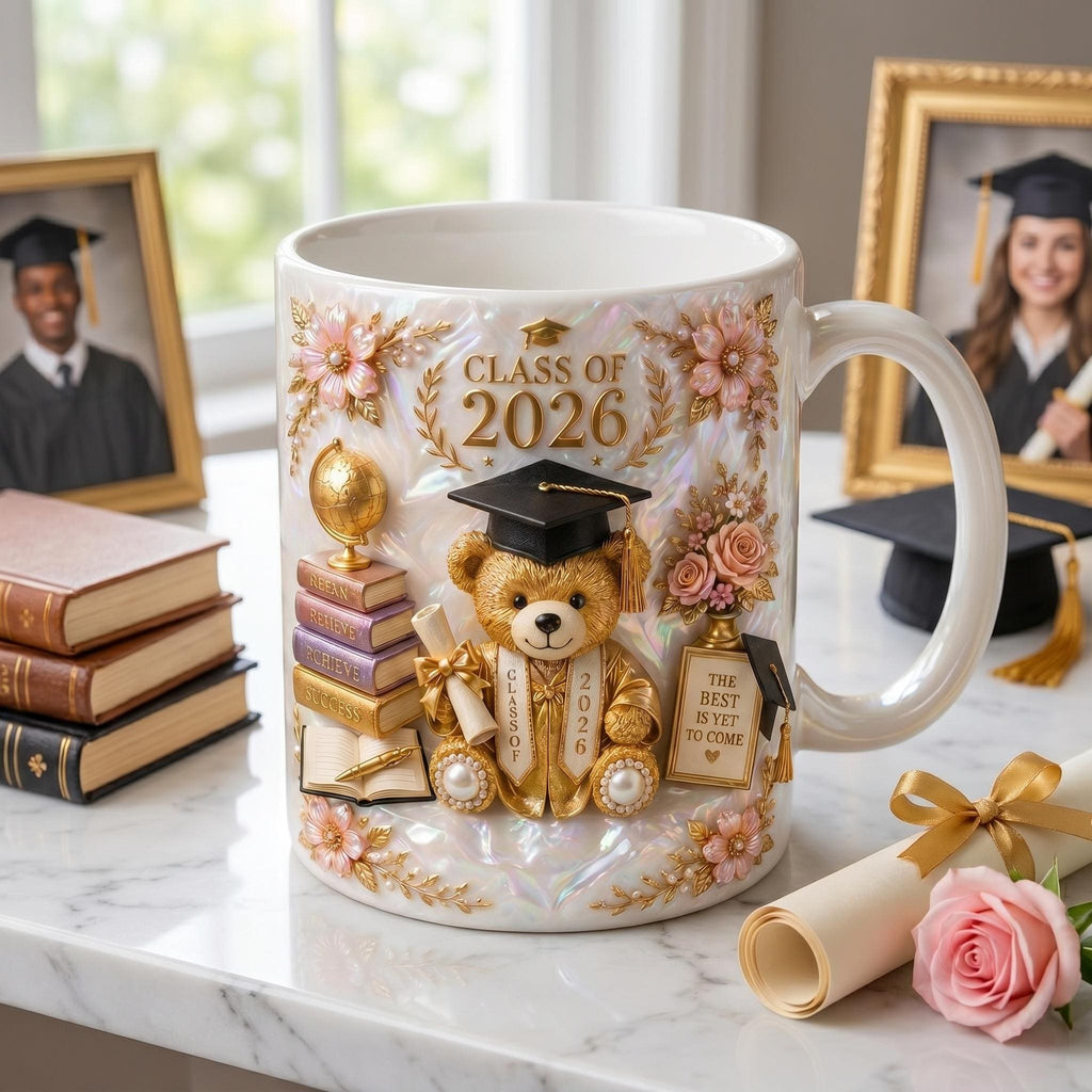 Class of 2026 Teddy Bear Graduation Mug, Floral Quote Keepsake Cup