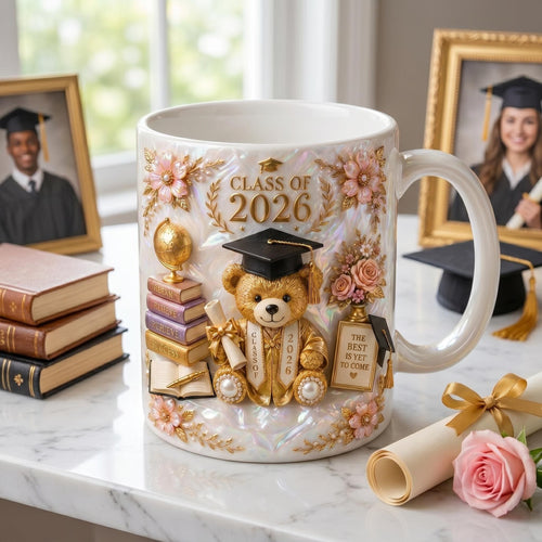 Class of 2026 Teddy Bear Graduation Mug, Floral Quote Keepsake Cup