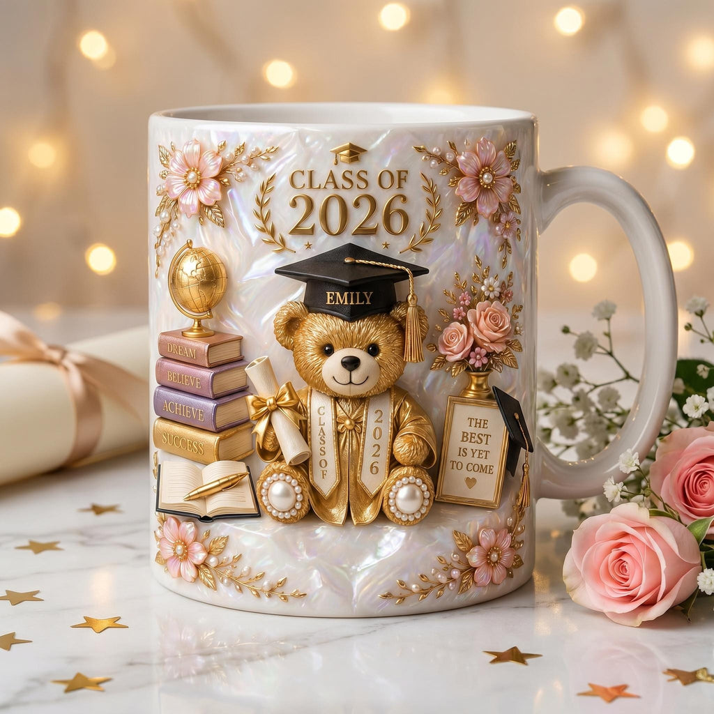 Class of 2026 Teddy Bear Graduation Mug, Floral Quote Keepsake Cup