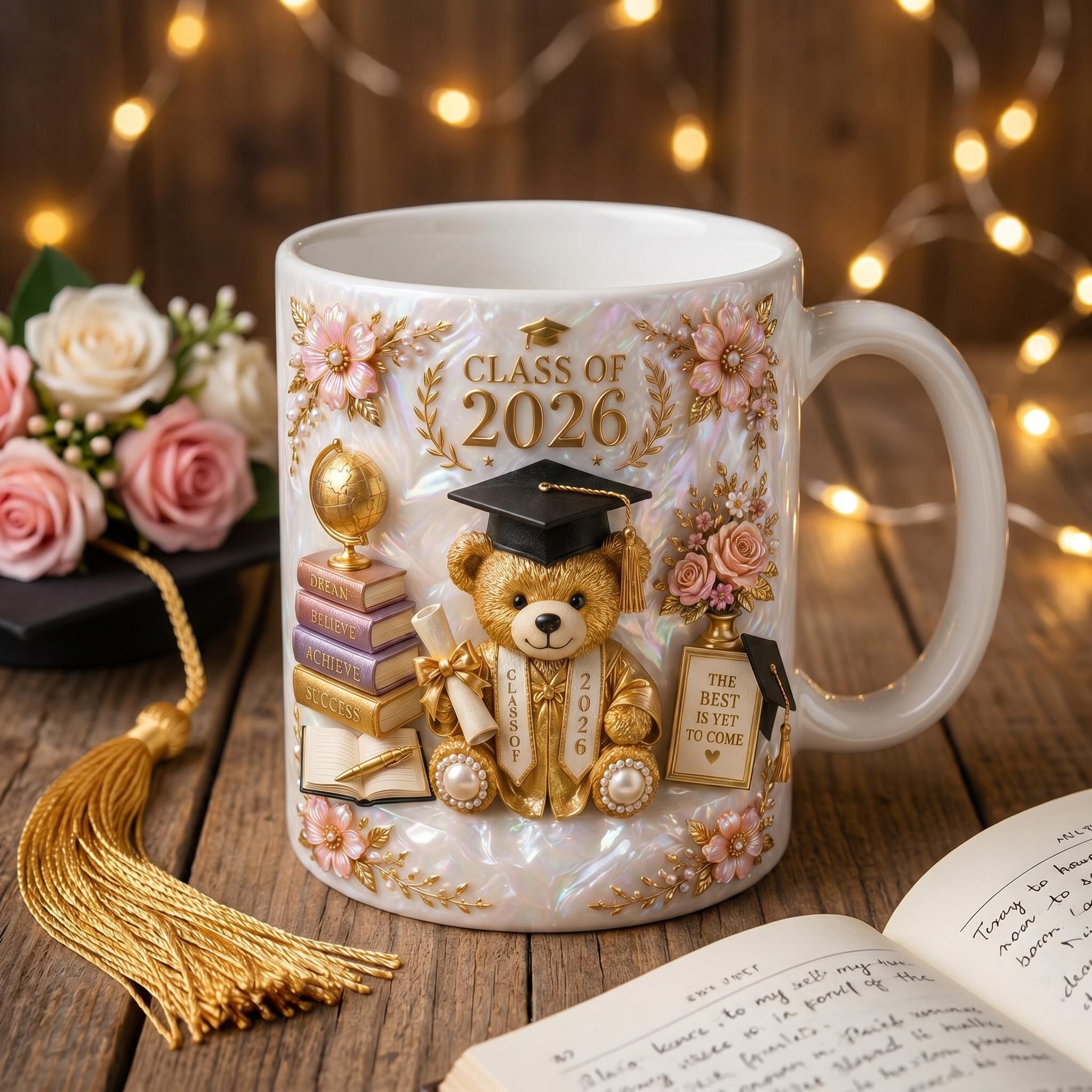Class of 2026 Teddy Bear Graduation Mug, Floral Quote Keepsake Cup