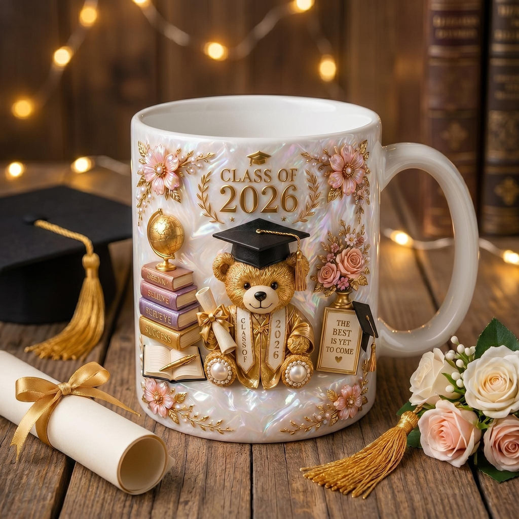 Class of 2026 Teddy Bear Graduation Mug, Floral Quote Keepsake Cup