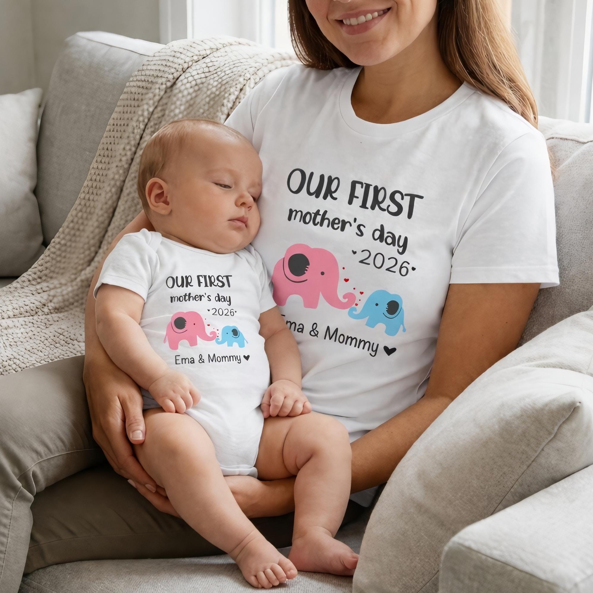 Custom Name Our First Mothers Day 2026 Shirt, Personalized First Mothers Day Gift, Mommy And Baby Matching Mom Shirt, New Mom Elephant Shirt