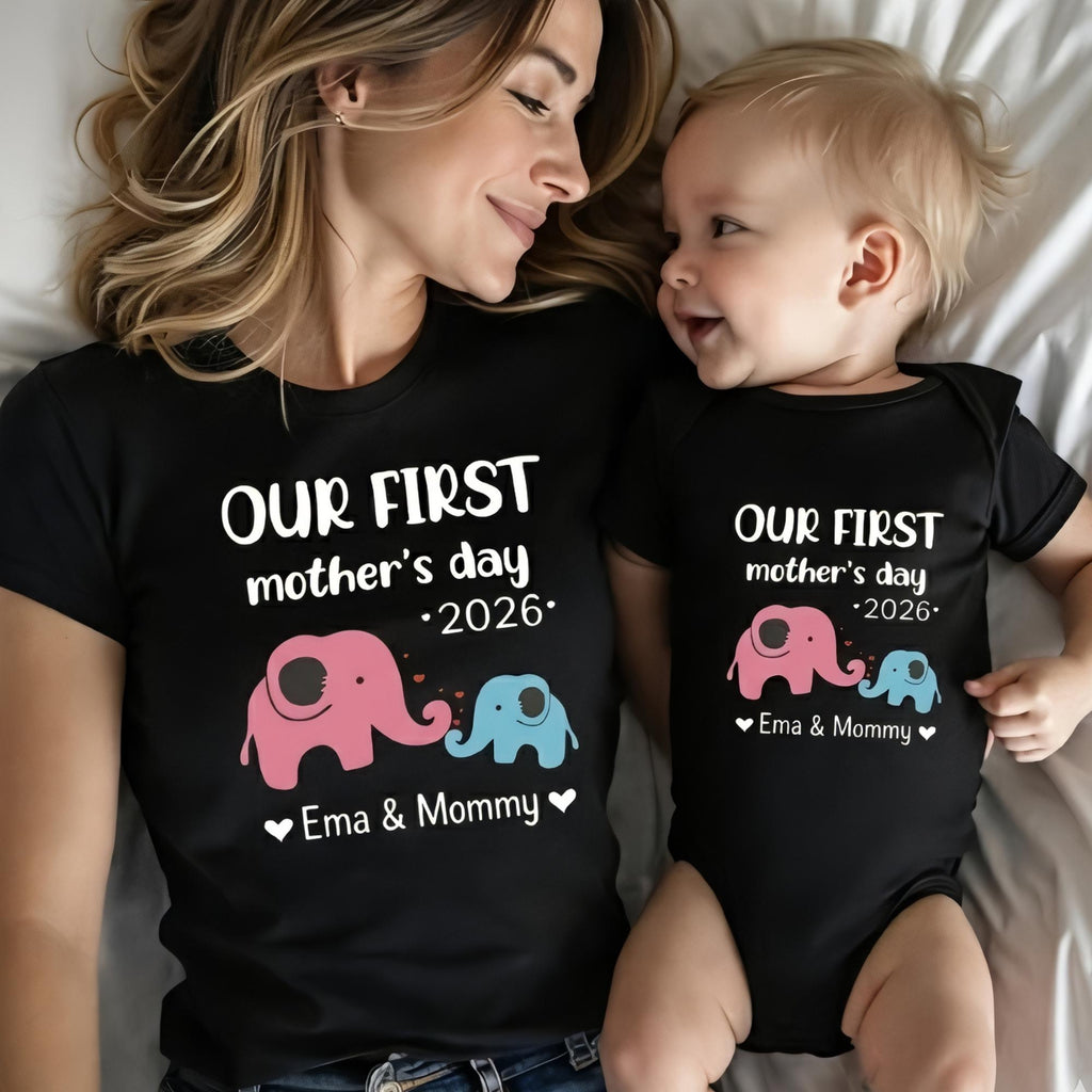Custom Name Our First Mothers Day 2026 Shirt, Personalized First Mothers Day Gift, Mommy And Baby Matching Mom Shirt, New Mom Elephant Shirt