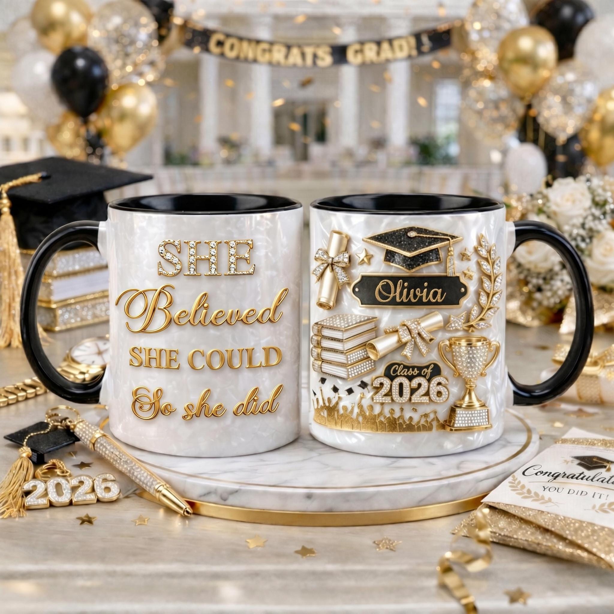 Custom Name Graduation Mug 2026, She Believed She Could So She Did Mug, 3D Effect Coffee Mug, Class of 2026 Grad Gift
