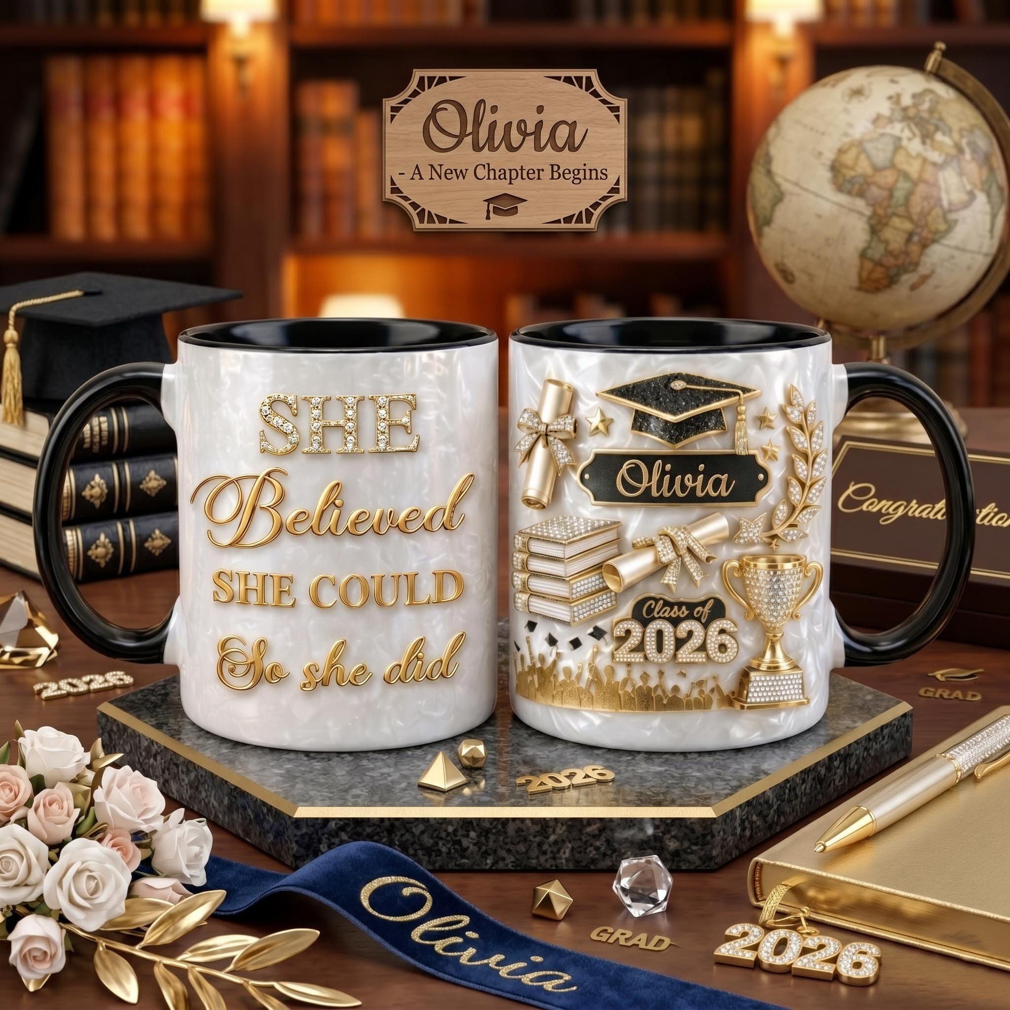 Custom Name Graduation Mug 2026, She Believed She Could So She Did Mug, 3D Effect Coffee Mug, Class of 2026 Grad Gift