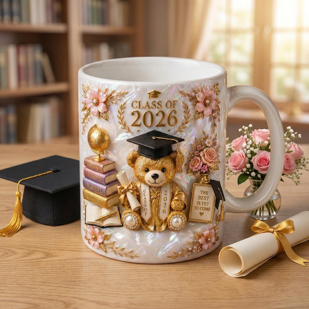 Class of 2026 Teddy Bear Graduation Mug, Floral Quote Keepsake Cup