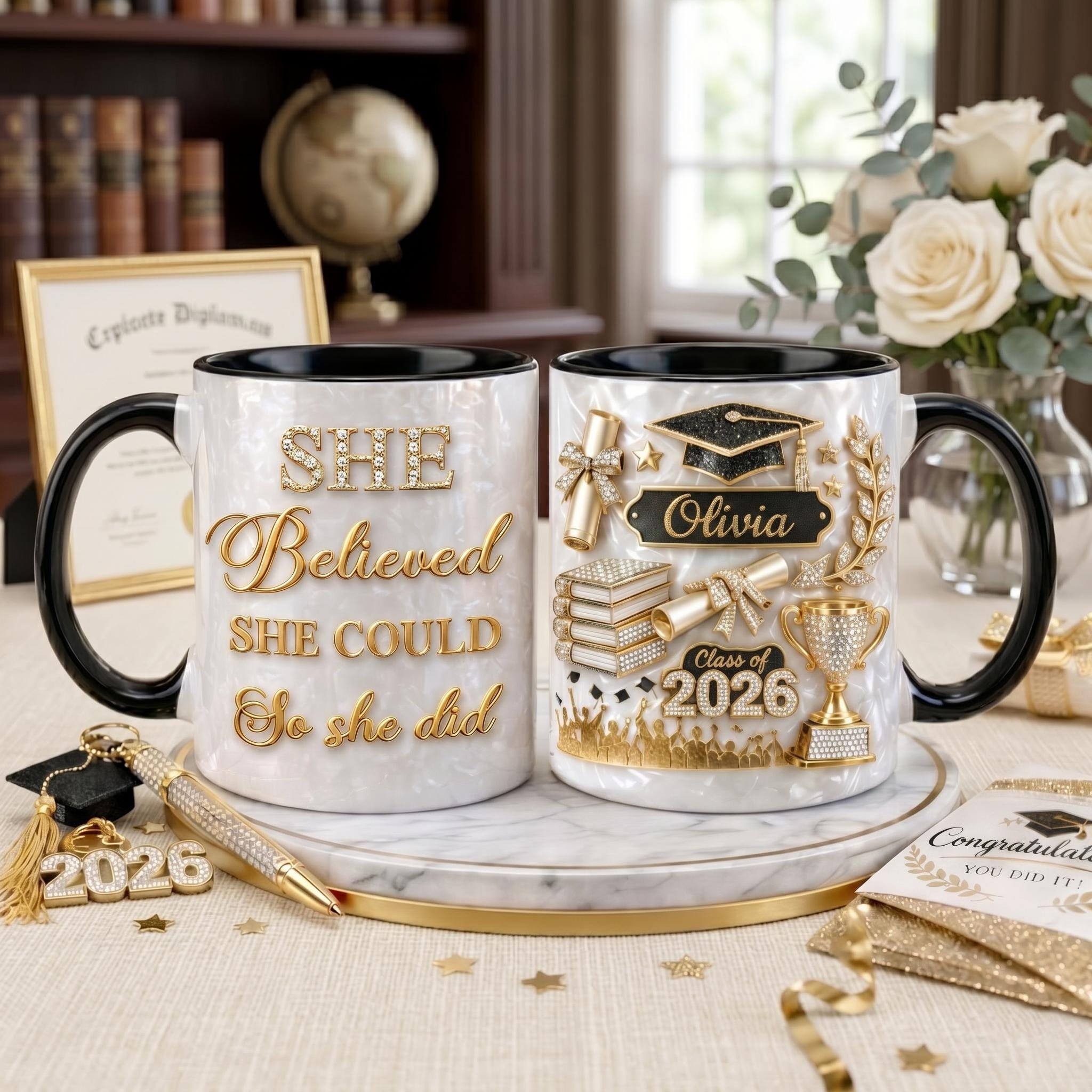 Custom Name Graduation Mug 2026, She Believed She Could So She Did Mug, 3D Effect Coffee Mug, Class of 2026 Grad Gift