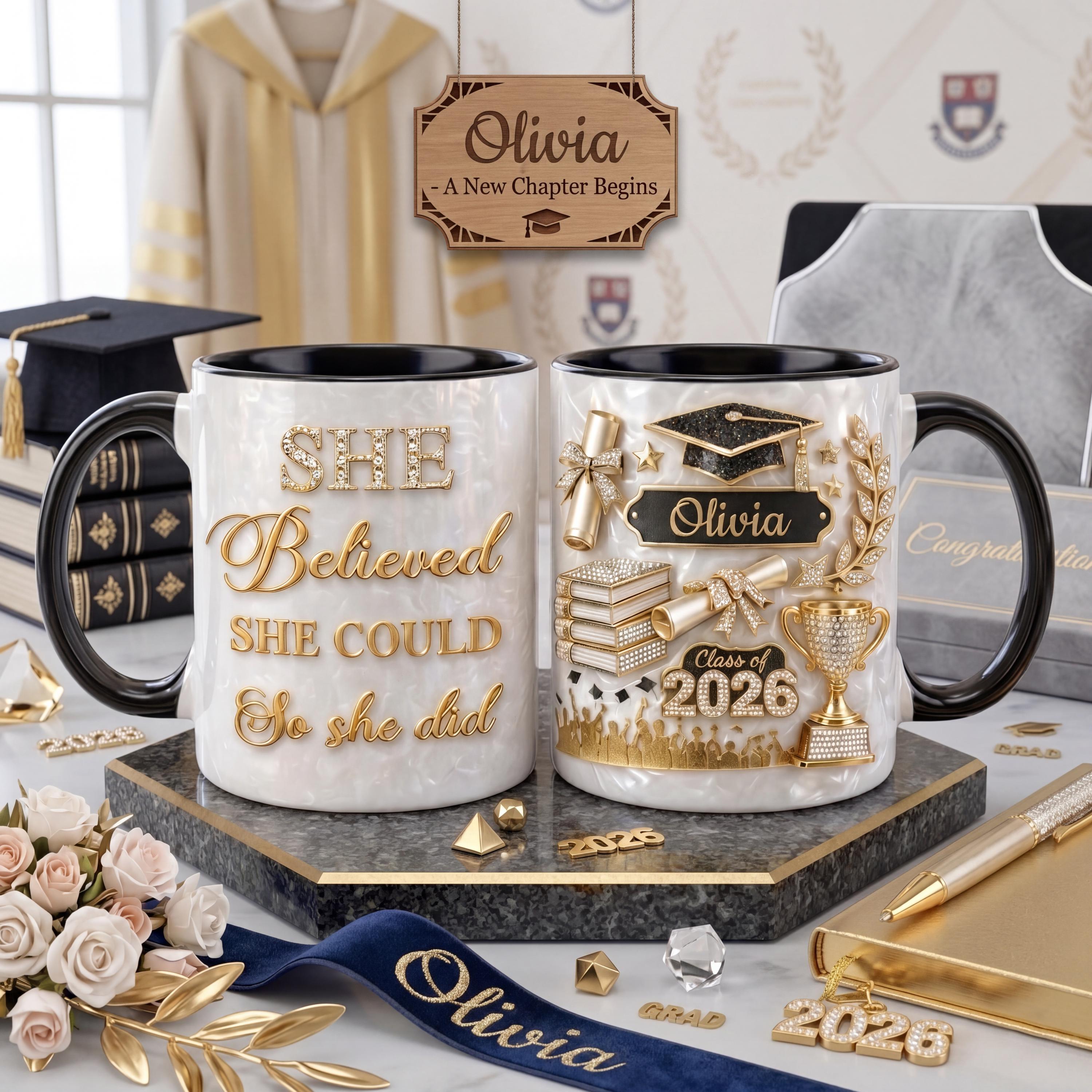 Custom Name Graduation Mug 2026, She Believed She Could So She Did Mug, 3D Effect Coffee Mug, Class of 2026 Grad Gift