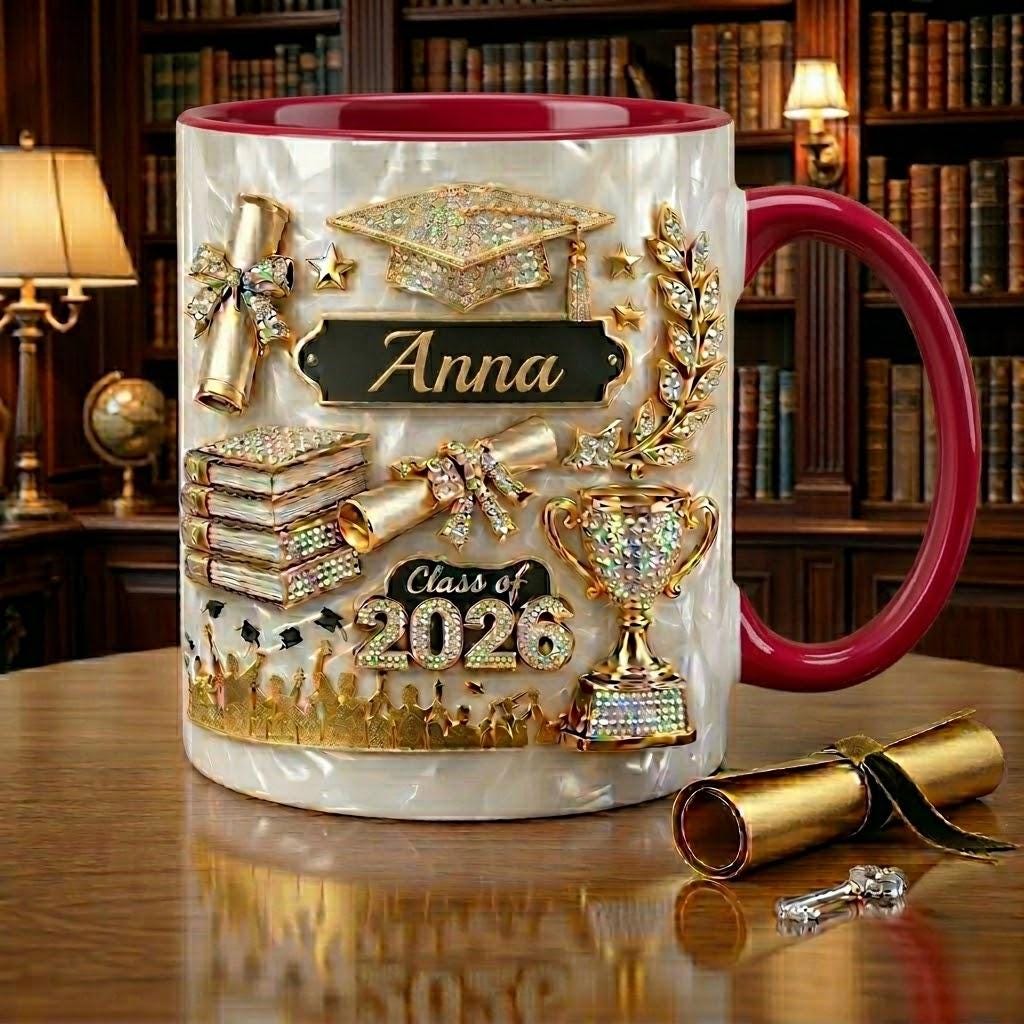 Custom Name Graduation Mug, Class of 2026, 3D Effect Ceramic Cup