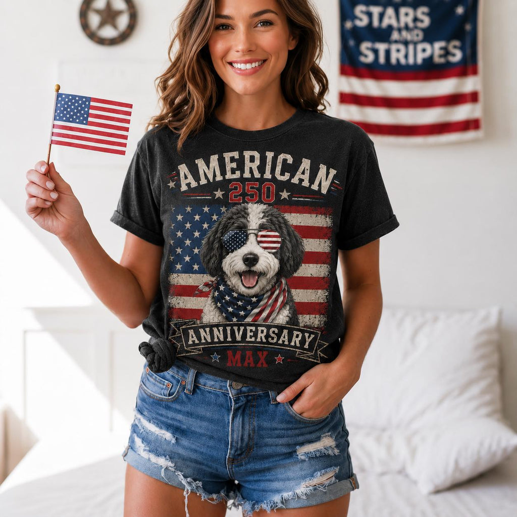Personalized USA 250th Anniversary Dog Comfort Colors Shirt, Custom Pet Photo Tee, Patriotic 4th Of July Gift for Dog Lovers