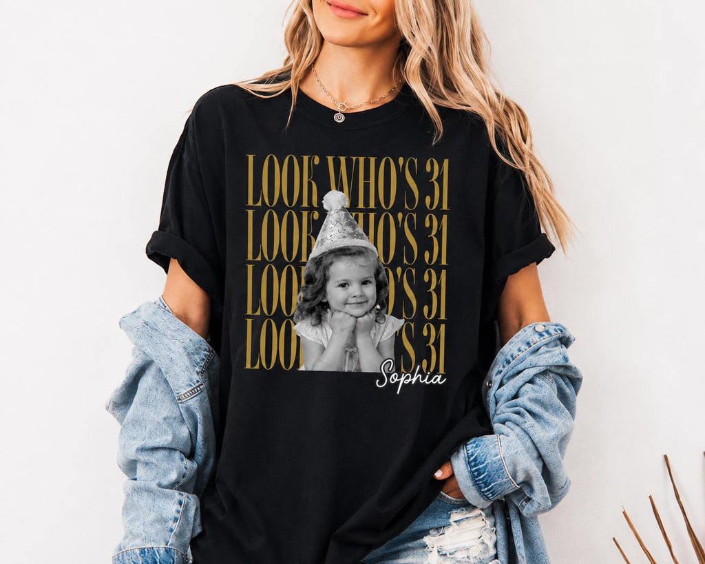 Custom Vintage Birthday Photo Shirt, Who’s Turning 21,31,41,51 Tee, Personalized Name Graphic Tshirt, Funny Birthday Gift for Her