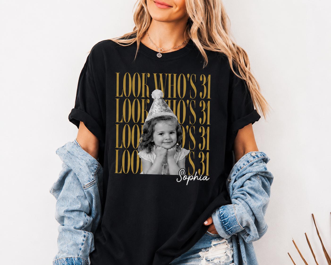 Custom Vintage Birthday Photo Shirt, Who’s Turning 21,31,41,51 Tee, Personalized Name Graphic Tshirt, Funny Birthday Gift for Her
